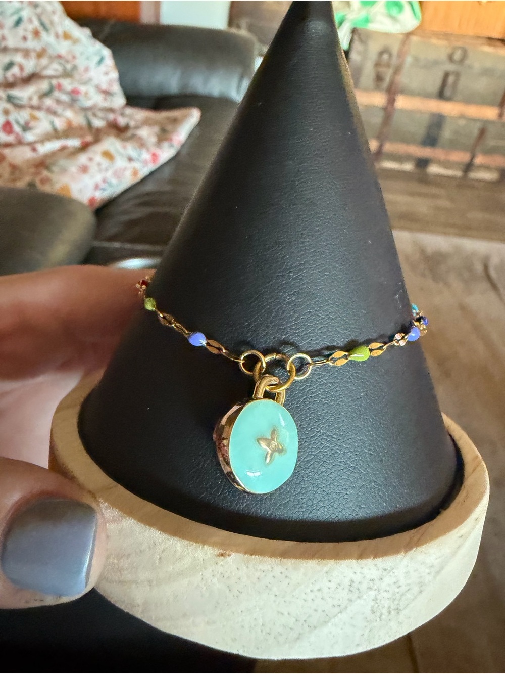 Hand Crafted Gold Bracelet with Turquoise Disc Charm and Multicolor Beads